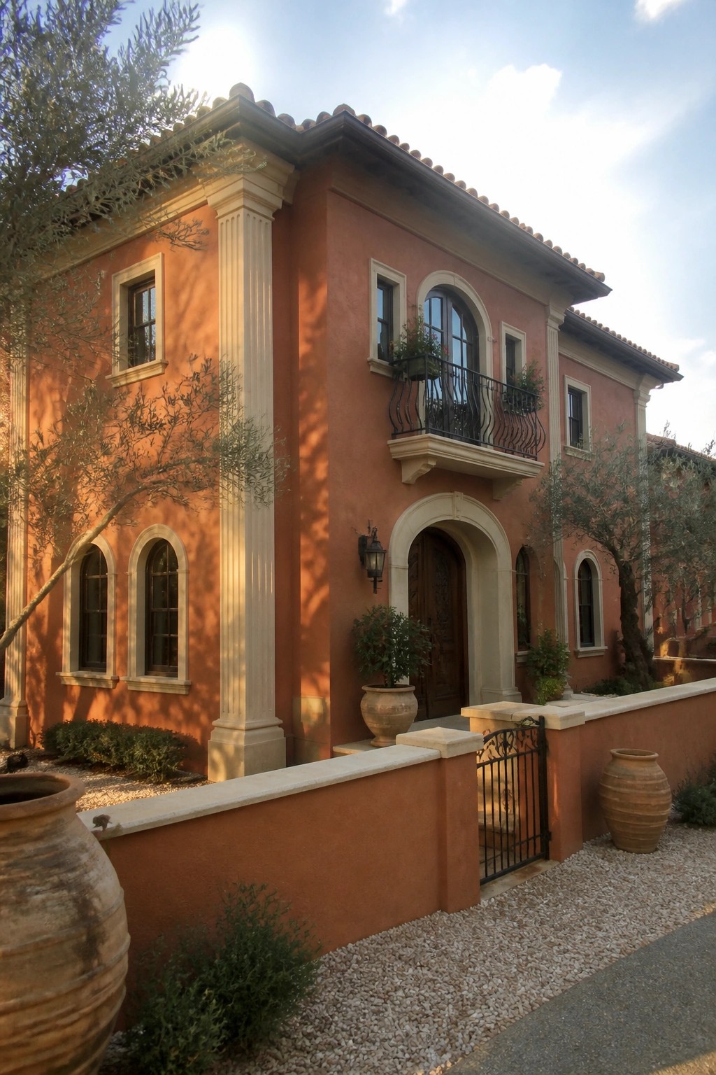 A two-story burnt orange stucco house with cream trim, white columns, arched windows, a small iron balcony, and a wooden front door under an arch.