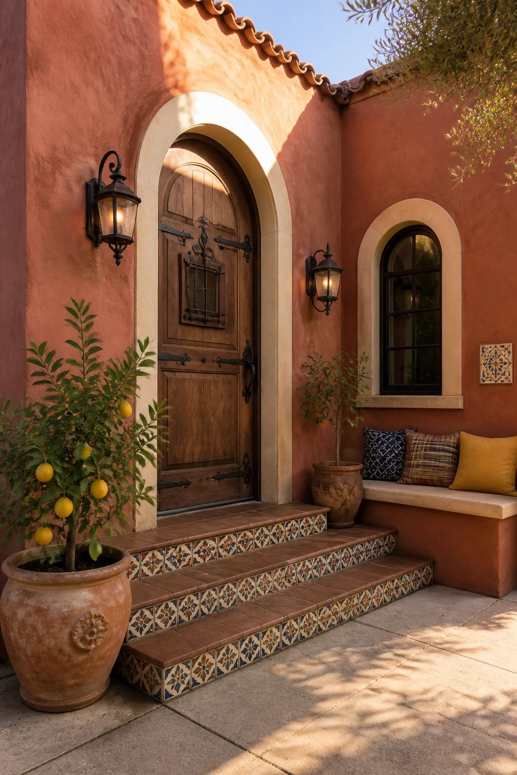 Rustic wooden door in arched terracotta entryway with tiled steps and lemon tree