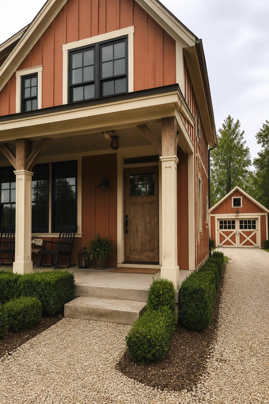 Red house with white trim, wooden porch, black windows, shrubs, and gravel path to barn