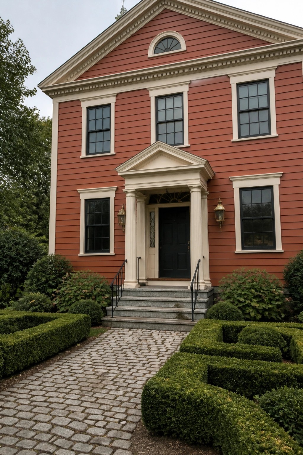 Red colonial house with white portico columns, dark door, and cobblestone path amid hedges.