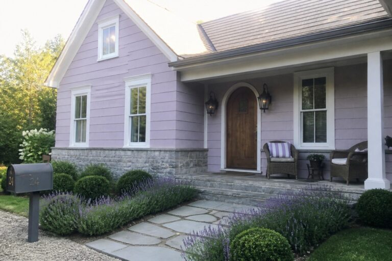 Purple cottage with arched door, stone steps, wicker chairs, and lavender garden.