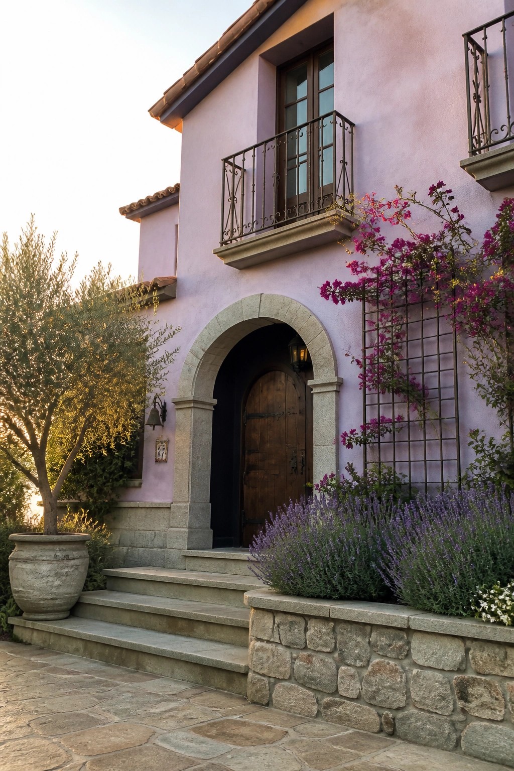 A lavender stucco house exterior featuring a gray stone arched doorway, wooden front door, stone steps, and flowering plants along the base.