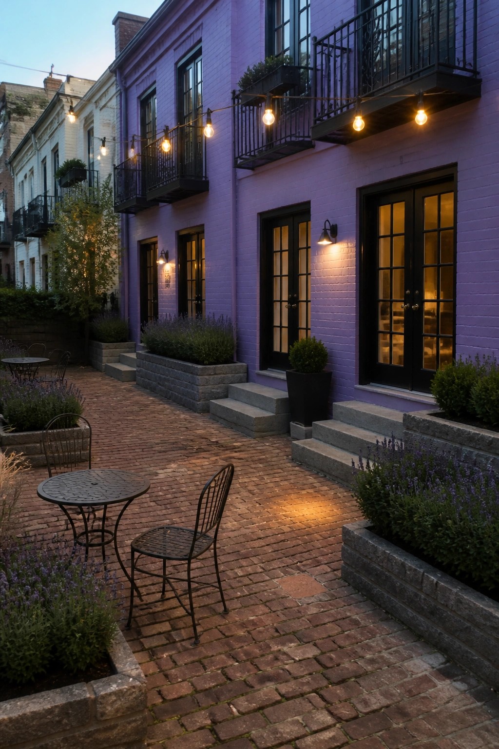 A lavender-painted brick house with black-framed doors and windows, gray stone steps and planters, string lights, and a brick courtyard with metal seating.