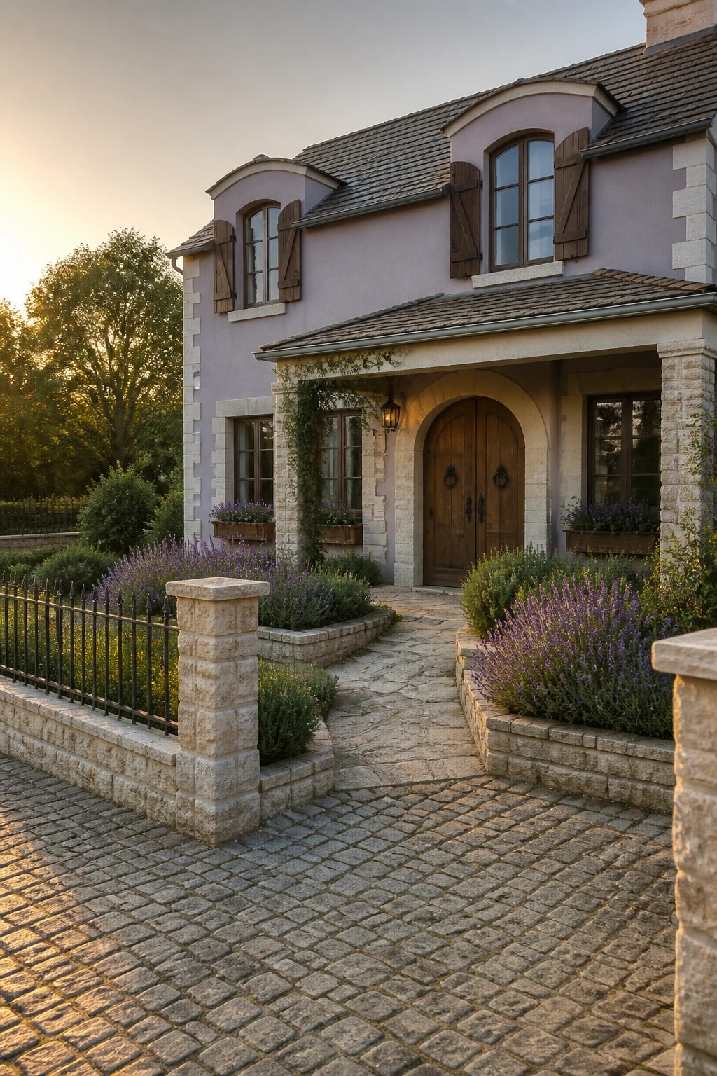 Purple house with arched wooden door, stone accents, lavender bushes, and cobblestone path.