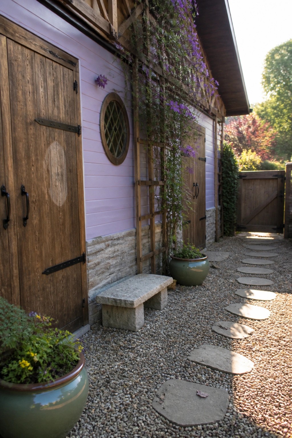 A lavender painted house exterior with wooden doors, a round window, a stone bench, climbing purple flowers, and a gravel path with stepping stones.