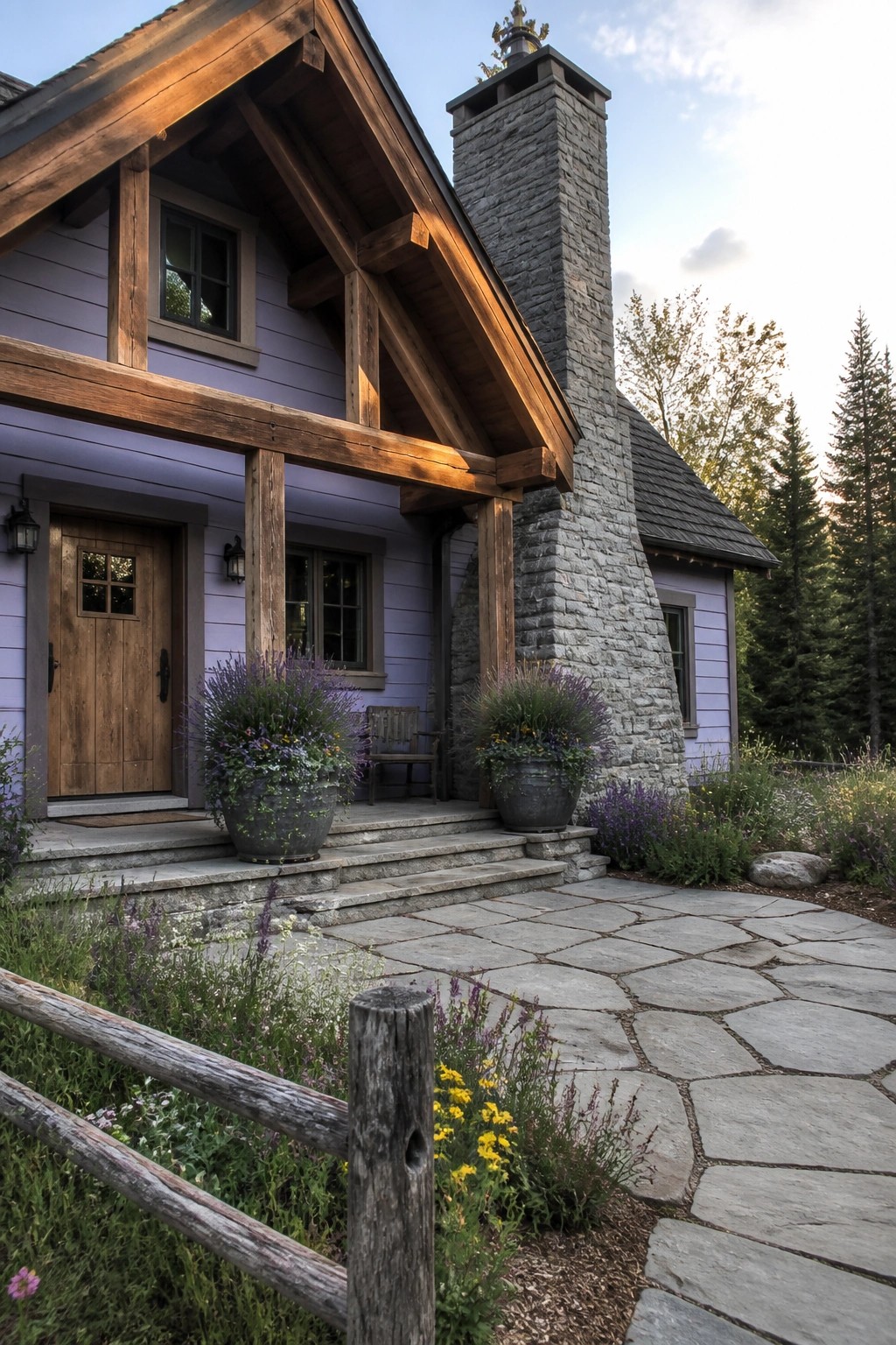 A lavender painted house exterior featuring a large gray stone chimney, wooden beams, stone steps, and a paved walkway.
