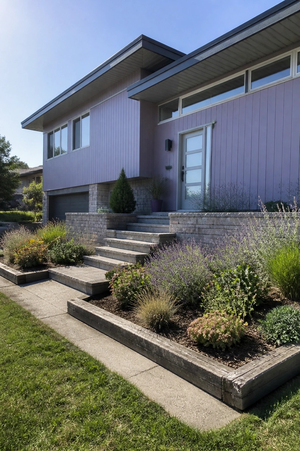 A two-story modern house with lavender vertical siding, gray stone accents at the base and retaining walls, concrete stairs to the front door, and a raised garden bed in the foreground.