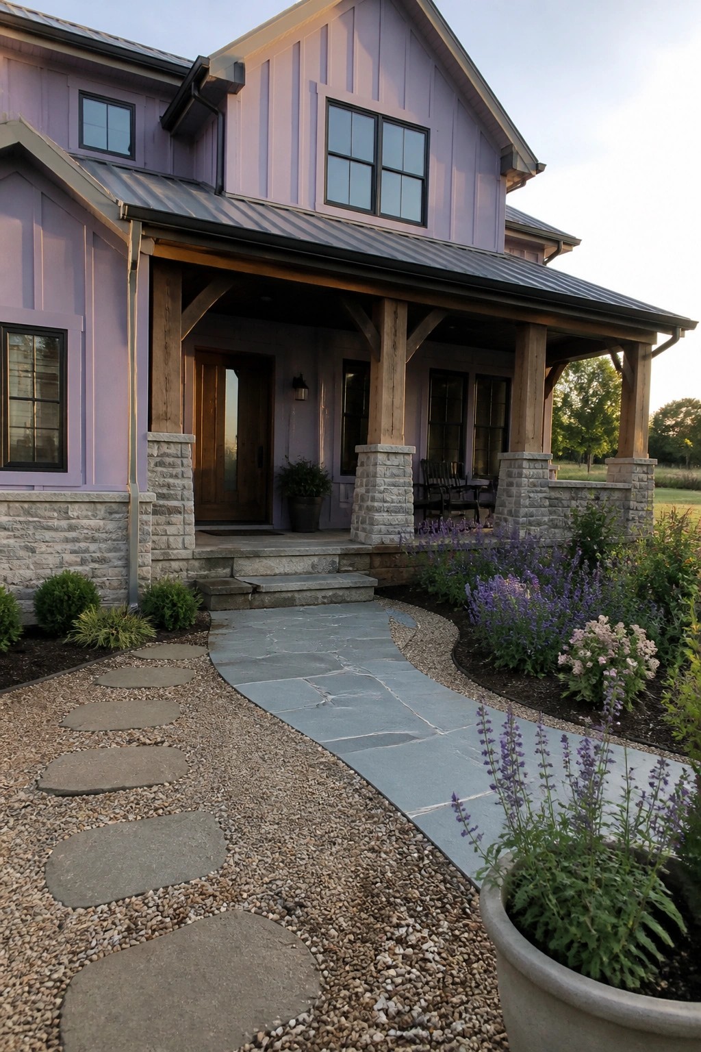 A two-story lavender house with gray stone columns and foundation, a covered porch, and a curved stone pathway leading to the front door.