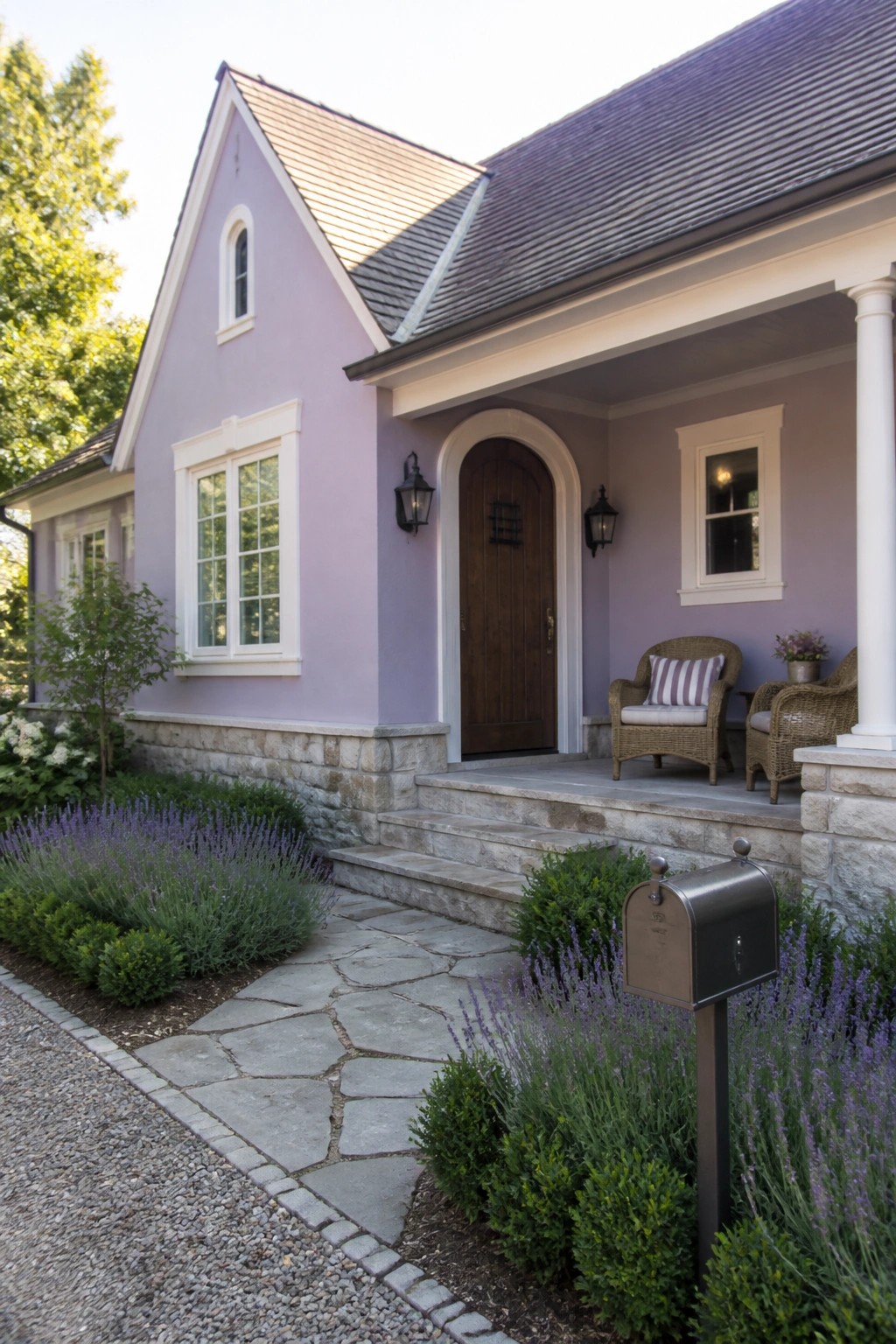 Purple cottage with arched door, stone steps, wicker chairs, and lavender garden.