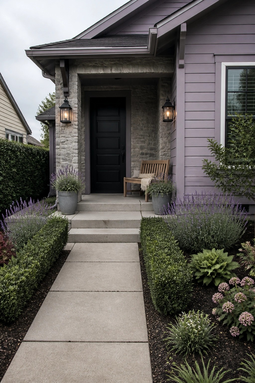 A lavender house exterior with gray stone surrounding a black front door, concrete steps and walkway, and lavender plants lining the path.