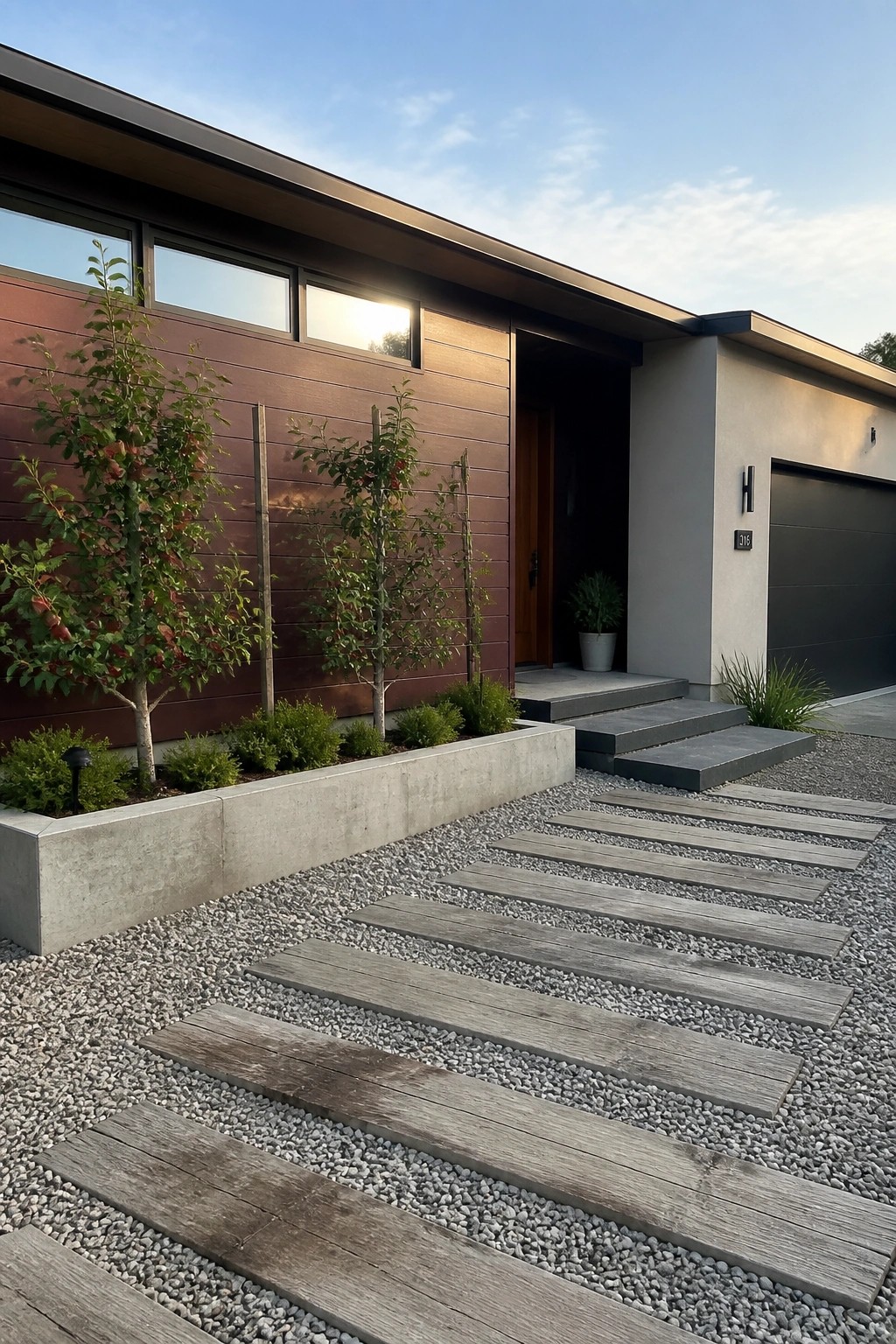 A modern house with horizontal burgundy fiber cement siding, a concrete planter bed with young trees, and a gravel path with wooden steps leading to the front door.