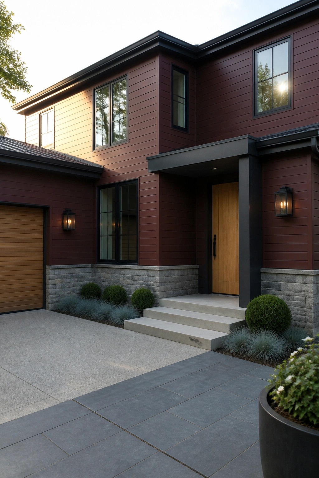 A modern two-story house with horizontal burgundy fiber cement siding, dark trim, a stone foundation, a wooden front door, and a concrete driveway.