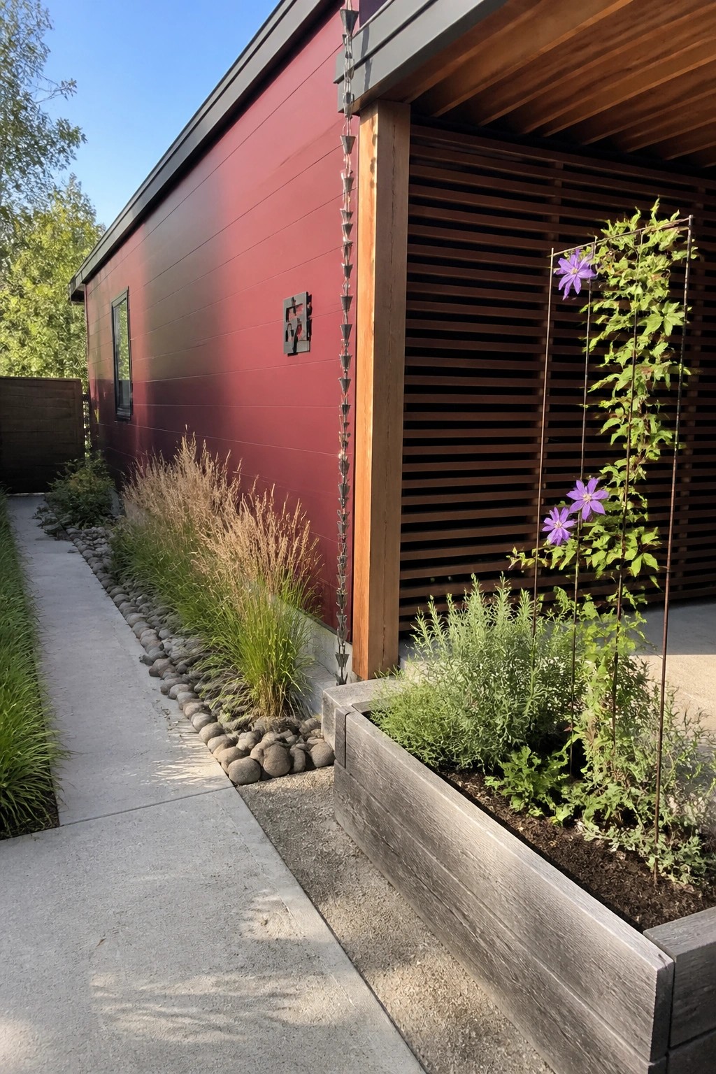 Modern house exterior showing smooth burgundy fiber cement siding, a vertical metal rain chain, wood accents, and a raised planter with purple flowers.