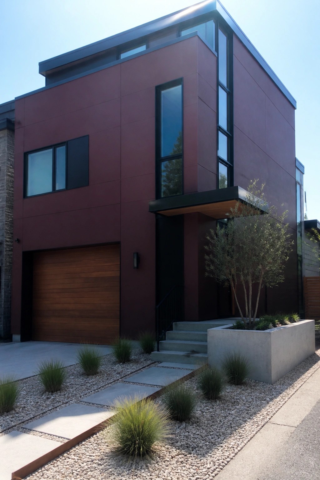 Modern maroon house with wooden garage, large windows, concrete steps, and gravel garden.