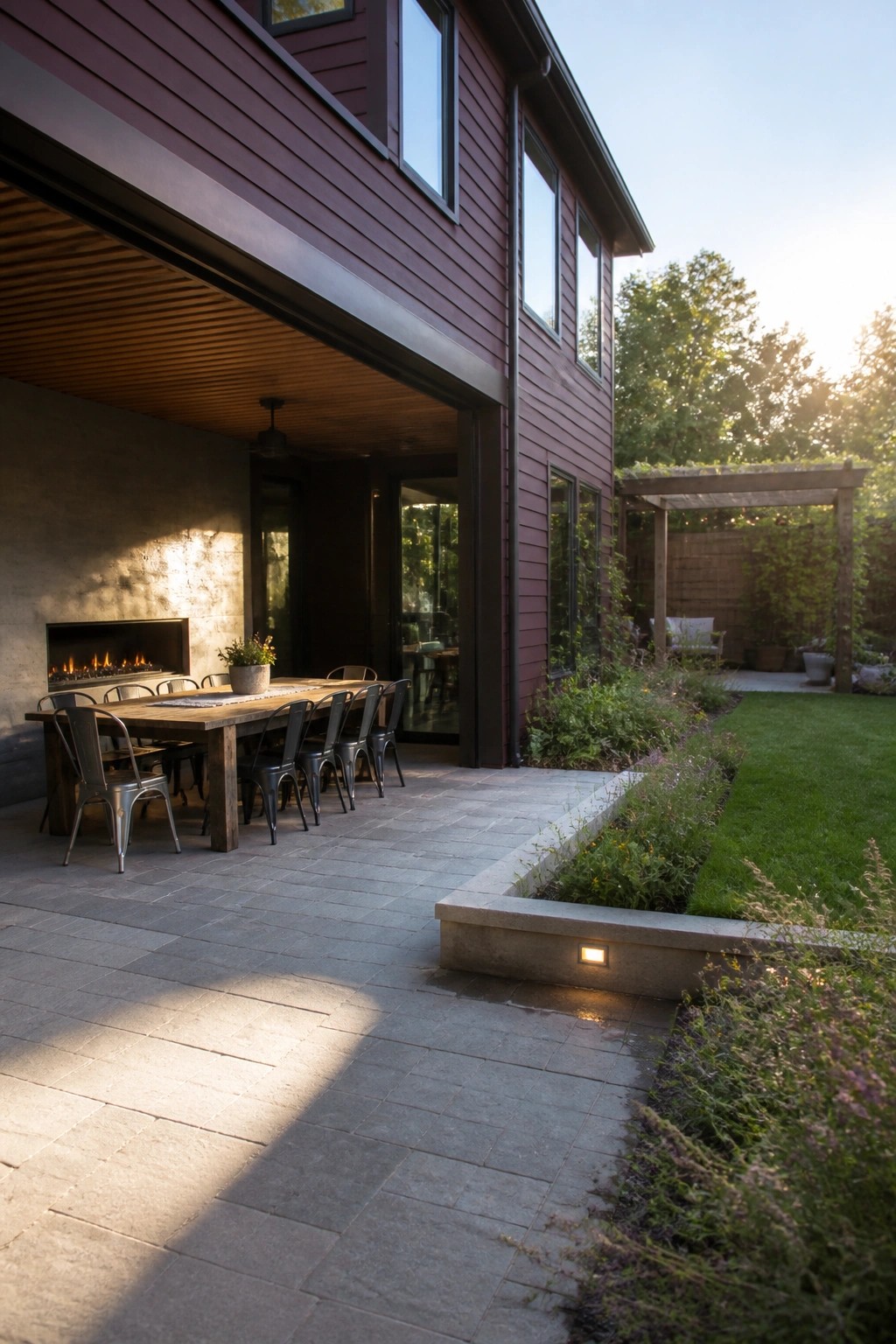 Modern house with burgundy fiber cement siding, large covered patio, long wooden dining table, and built-in outdoor fireplace.
