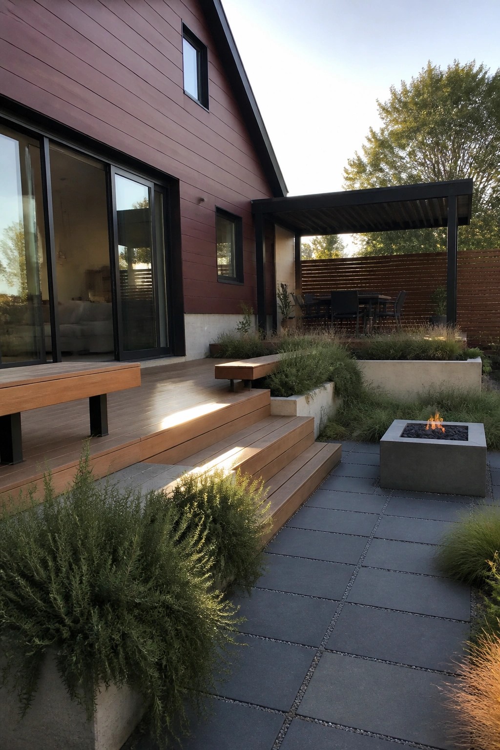 Modern red house with wooden deck, fire pit, patio, and garden.