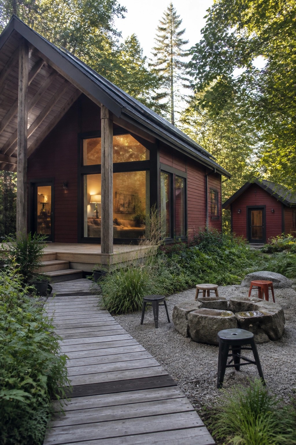 Modern red cabin with large windows, wooden deck, and stone fire pit in forest