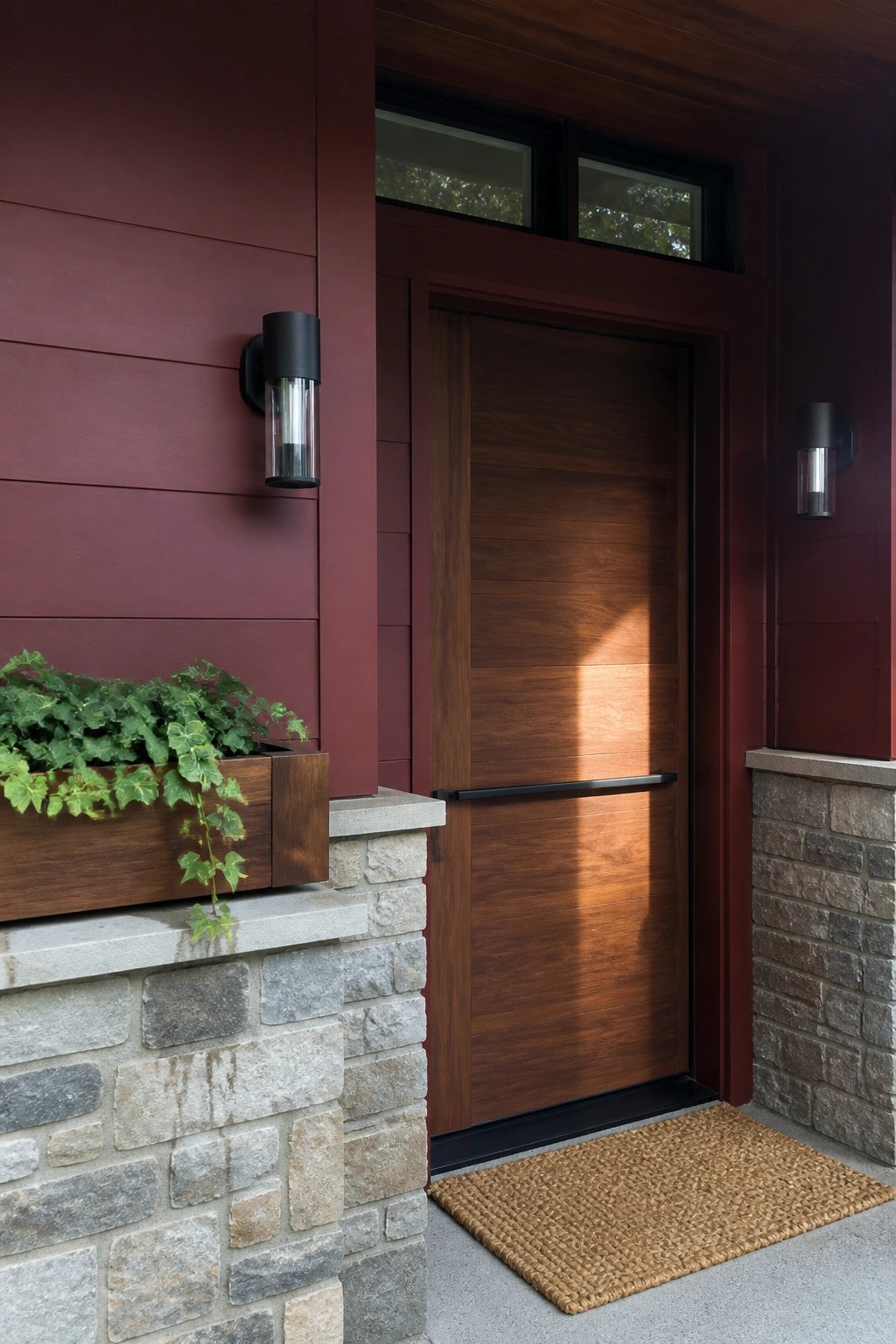 Modern wooden door with red siding, stone base, flanking lights, and ivy planter.
