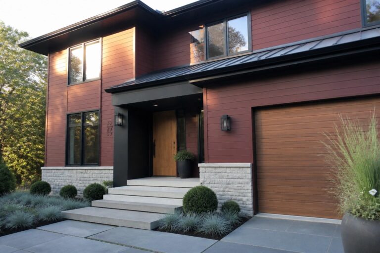 19 Modern Burgundy House Exterior Ideas Featuring Smooth Fiber Cement Siding A modern two-story house with horizontal burgundy fiber cement siding, dark trim, a stone foundation, a wooden front door, and a concrete driveway.