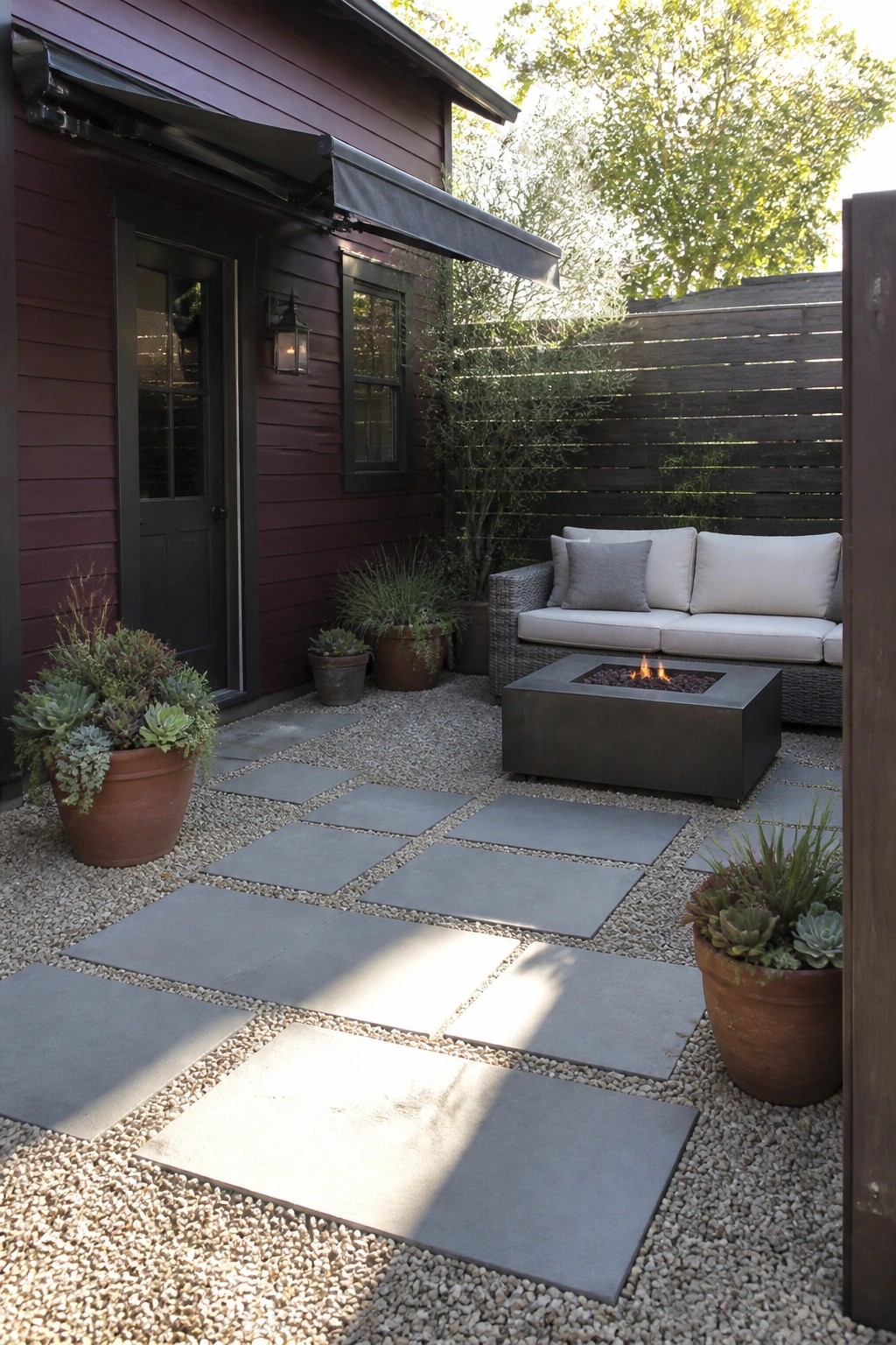 Cozy patio with fire pit, sofa, stone pavers on gravel beside maroon house