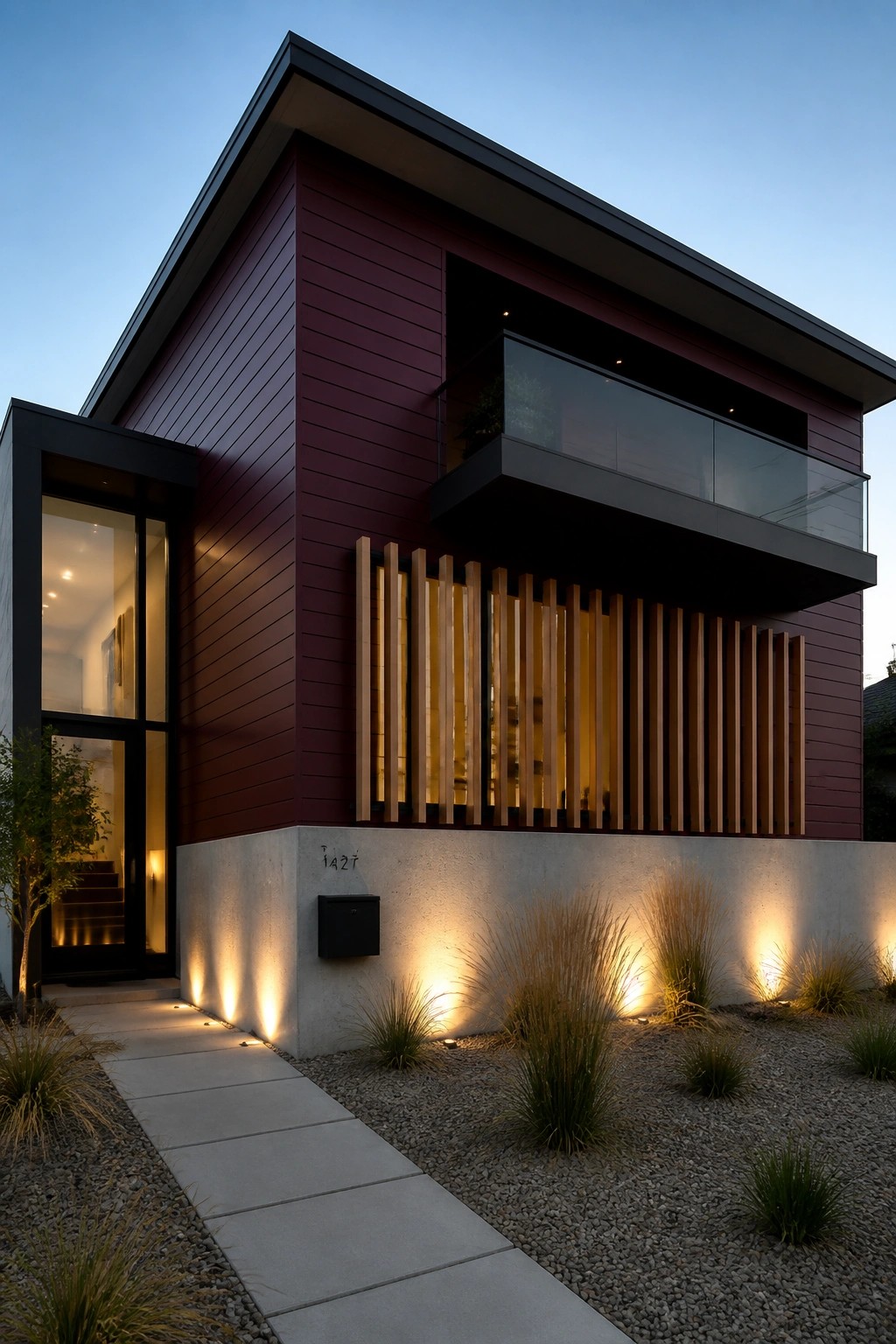 Modern two-story home with red siding, glass balcony, wooden slats, and evening uplights.