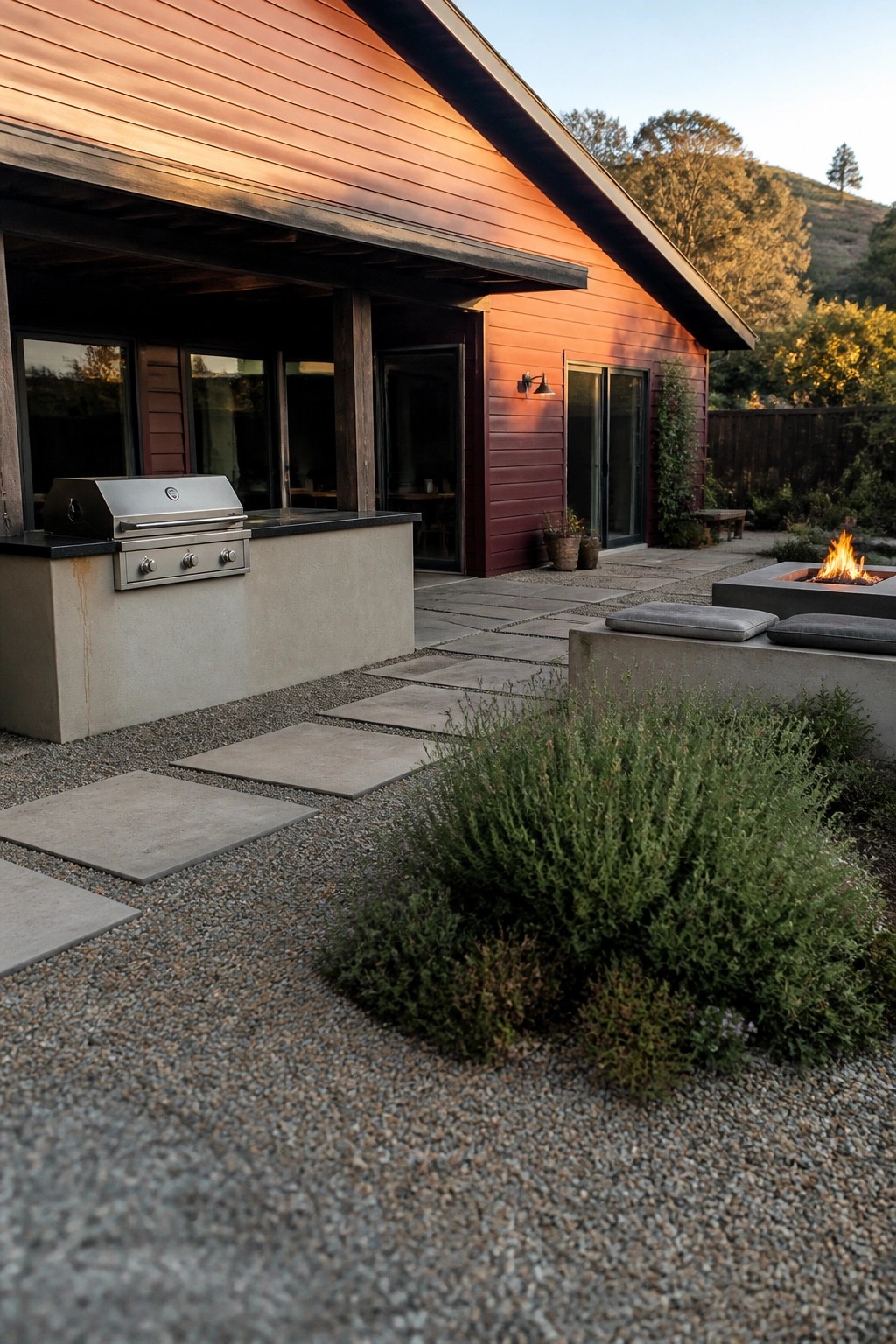 Modern house patio with outdoor grill, lit fire pit, and gravel path