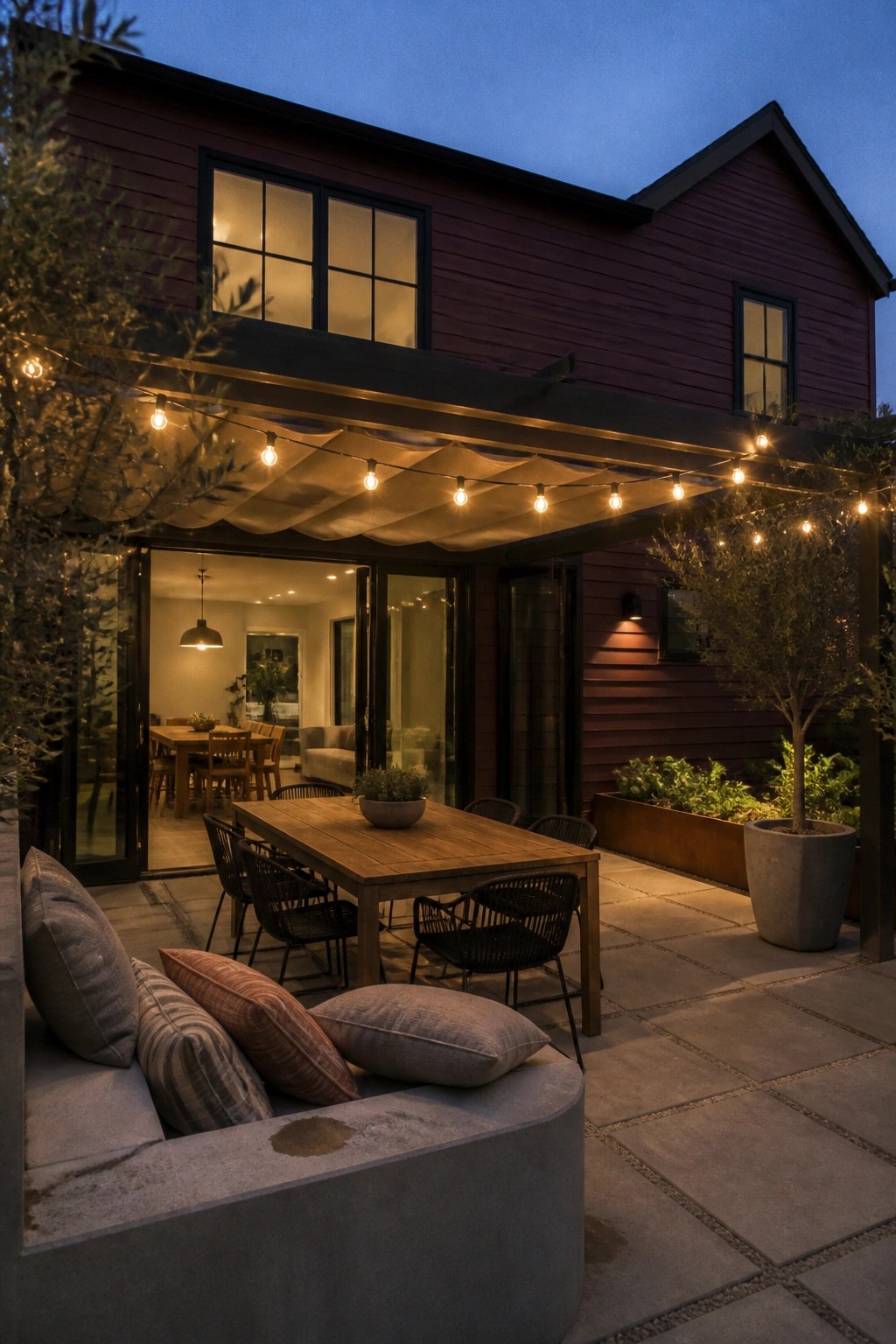 A maroon house with smooth fiber cement siding features a covered patio with a wooden dining table, black woven chairs, string lights, and a concrete bench with pillows.