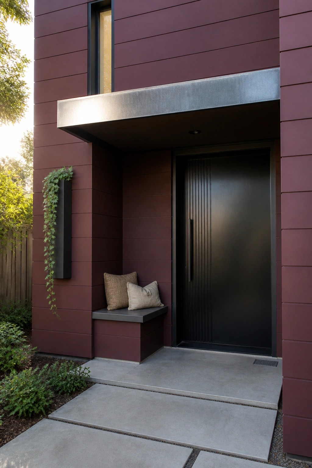 Modern house exterior with smooth maroon fiber cement siding, a black front door under a metal overhang, and a recessed bench with two pillows.