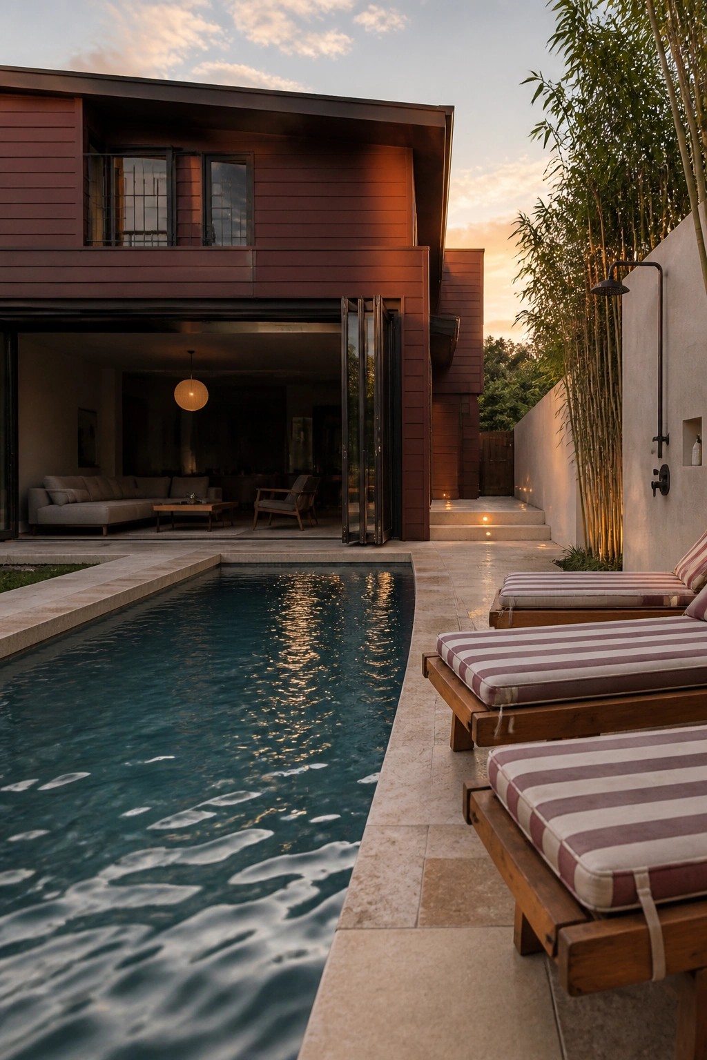 Modern home with pool, striped lounge chairs, outdoor shower, and bamboo at sunset
