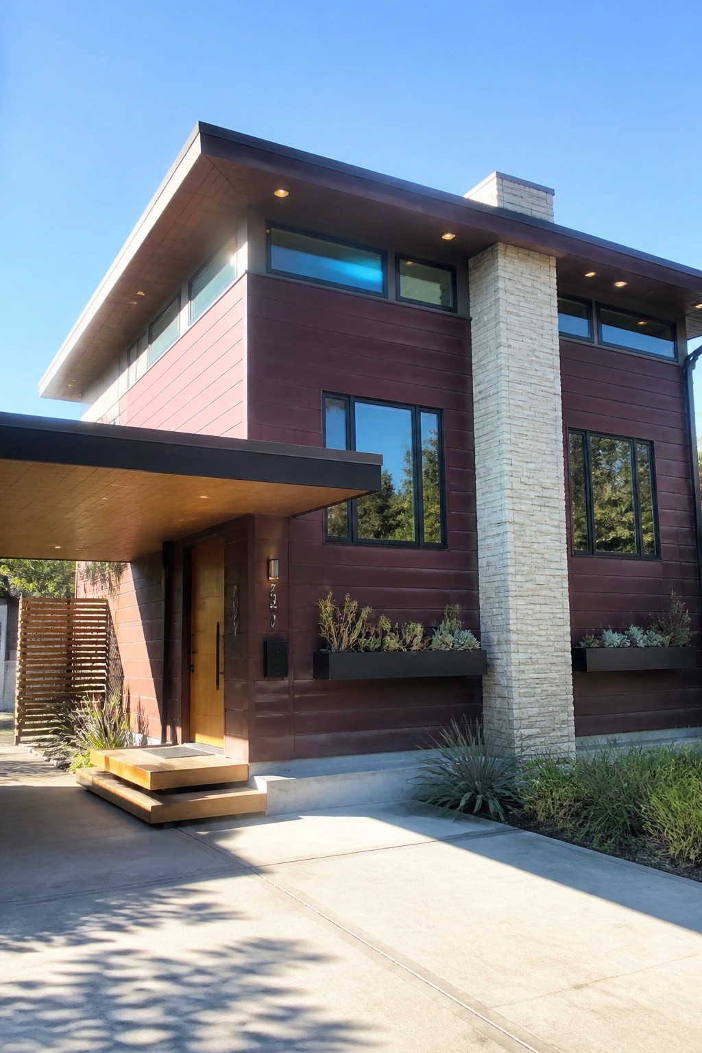 A modern two-story house with maroon fiber cement siding, a tall stone column on the right, and a covered entry with wood steps.