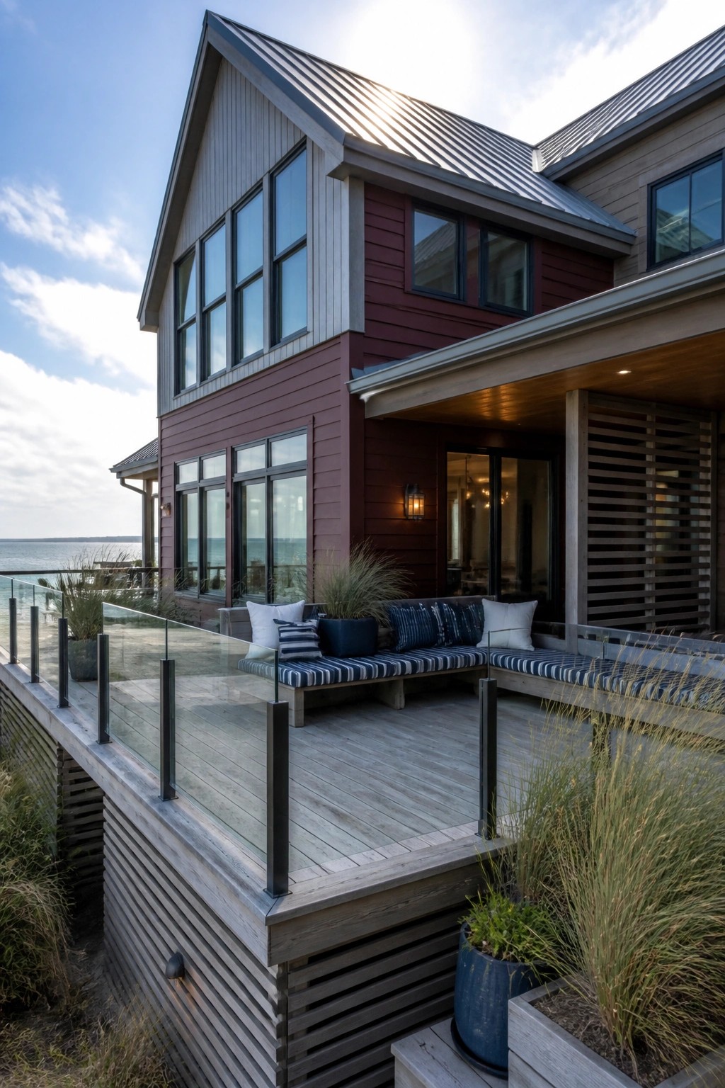 Modern two-story house with maroon smooth fiber cement siding, gray metal roof, large windows, and attached wooden deck with built-in seating overlooking water.