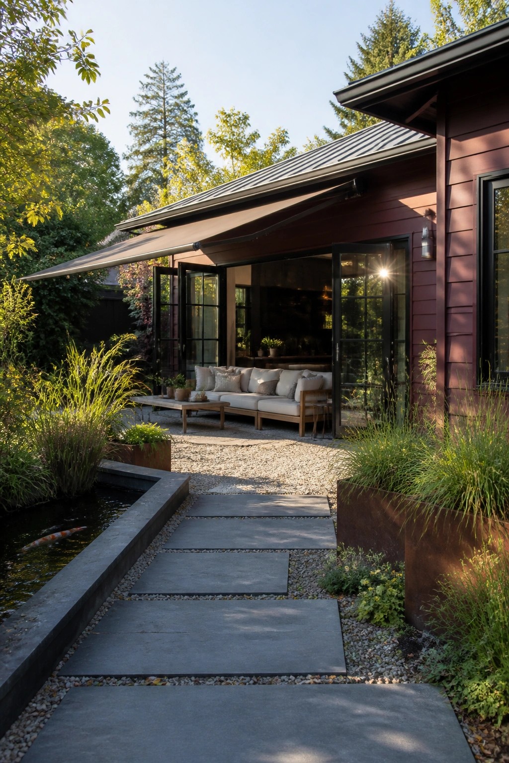 A single-story house with maroon smooth siding, black-framed glass doors open to a patio, a gravel area with seating, stone stepping stones, and a small pond in the foreground.