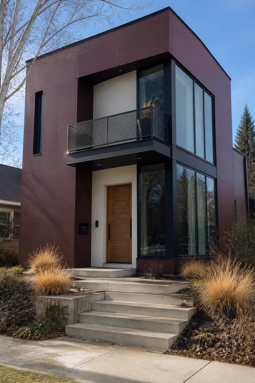 Modern maroon house with large windows, wooden door, balcony, and concrete steps.