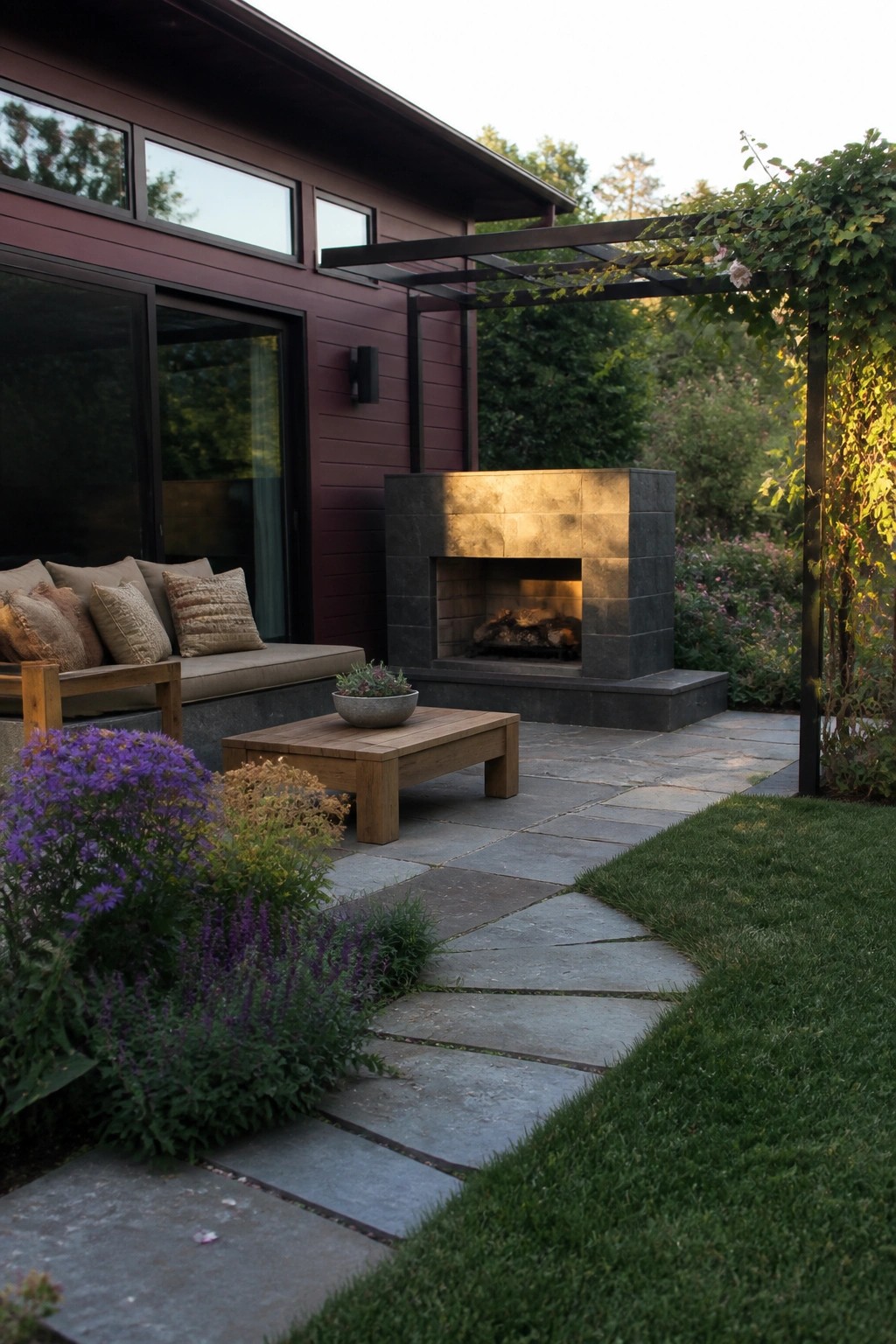 Modern maroon house exterior with smooth fiber cement siding, large windows, a stone outdoor fireplace, wooden patio furniture, and stone pathway through grass and flowers.