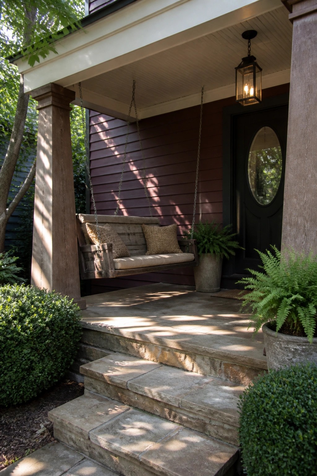 A house porch with maroon horizontal siding, a hanging wooden swing, stone steps, and potted ferns beside a black door.