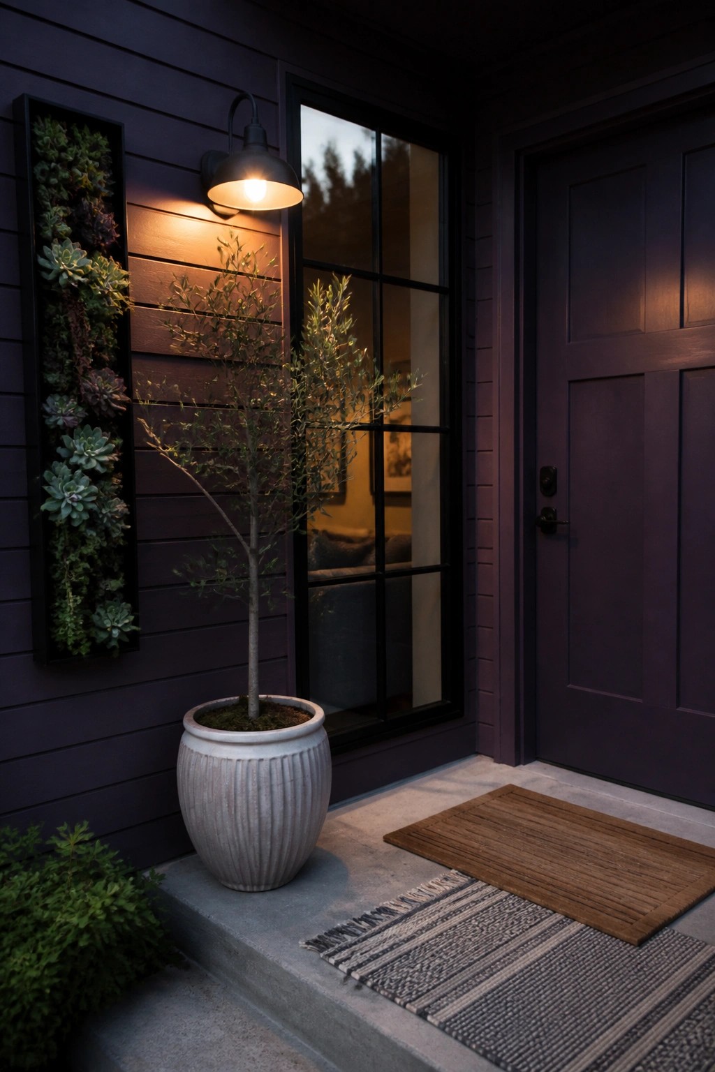 A house entry with dark purple horizontal siding, black-framed windows, a matching door, a large potted tree, and a vertical succulent wall planter.