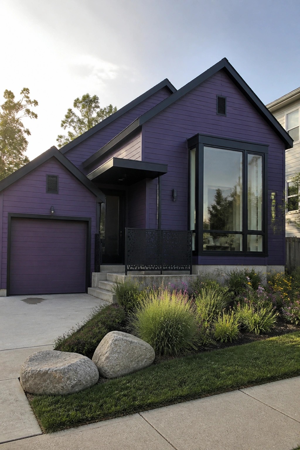Modern purple house with black trim, garage, large windows, and rocky garden.