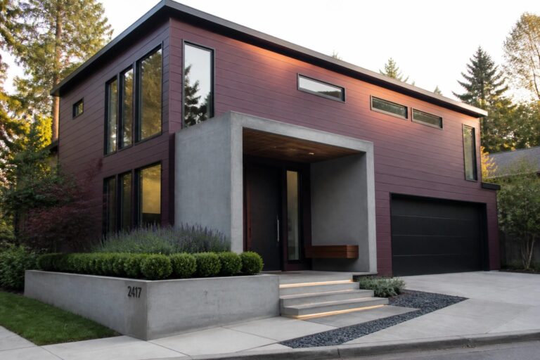 18 Modern Purple House Exterior Ideas Using Smooth Siding and Black Windows Modern maroon house with black windows, lit concrete steps, and dark garage.