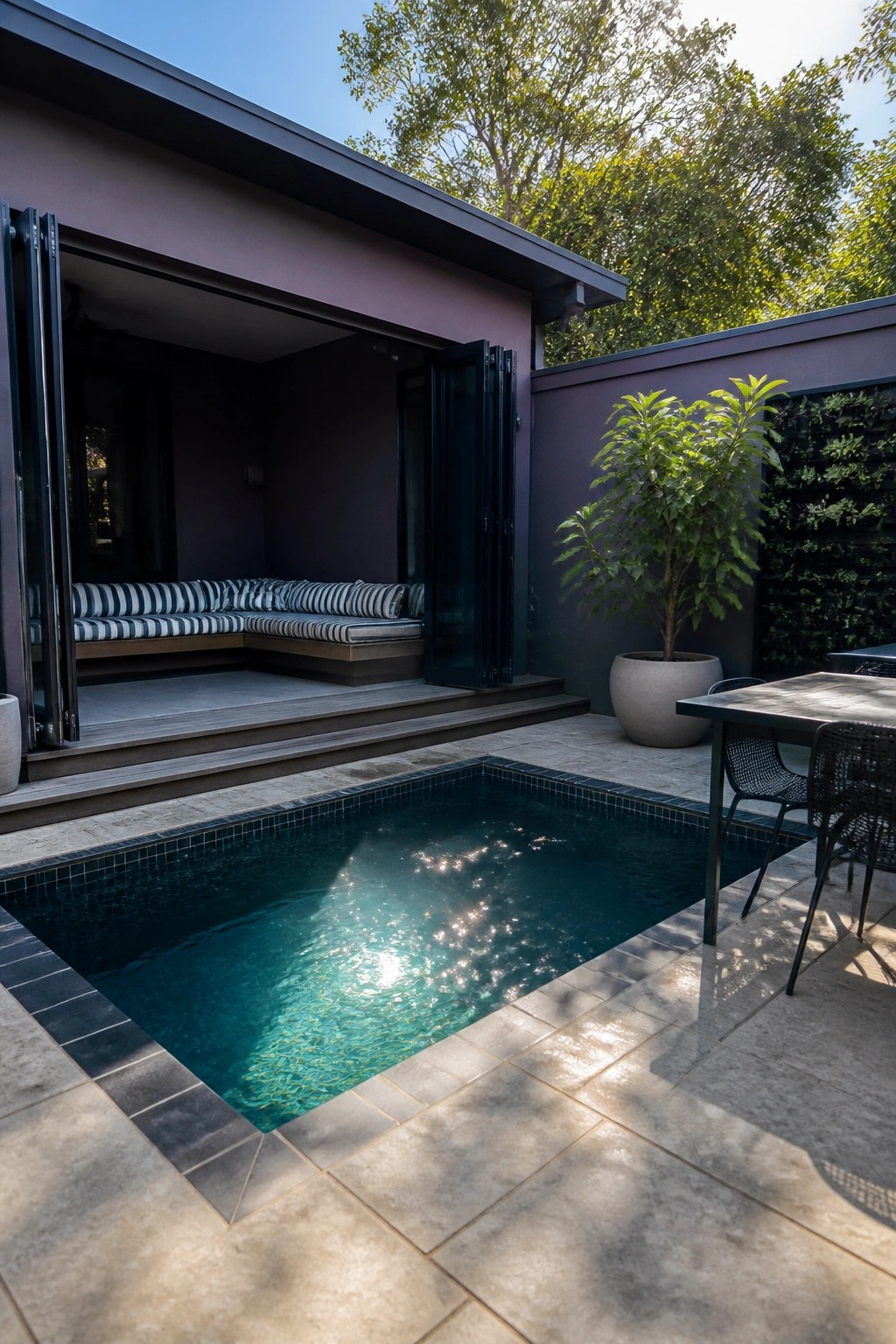 Modern purple house with black folding doors open to a stone patio and rectangular swimming pool, showing built-in striped seating inside the open room.