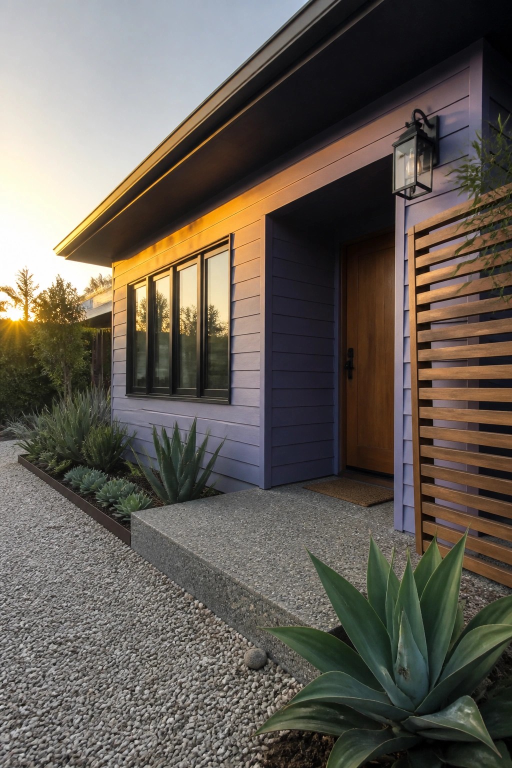 Modern purple house with wooden door, black windows, agave plants, and gravel at sunset