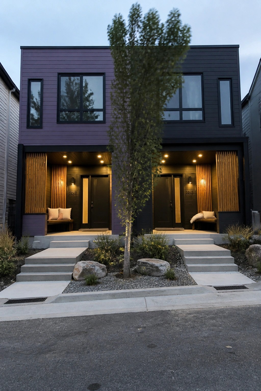 Modern purple and black duplex with dual entrances, steps, tree, and landscaping.