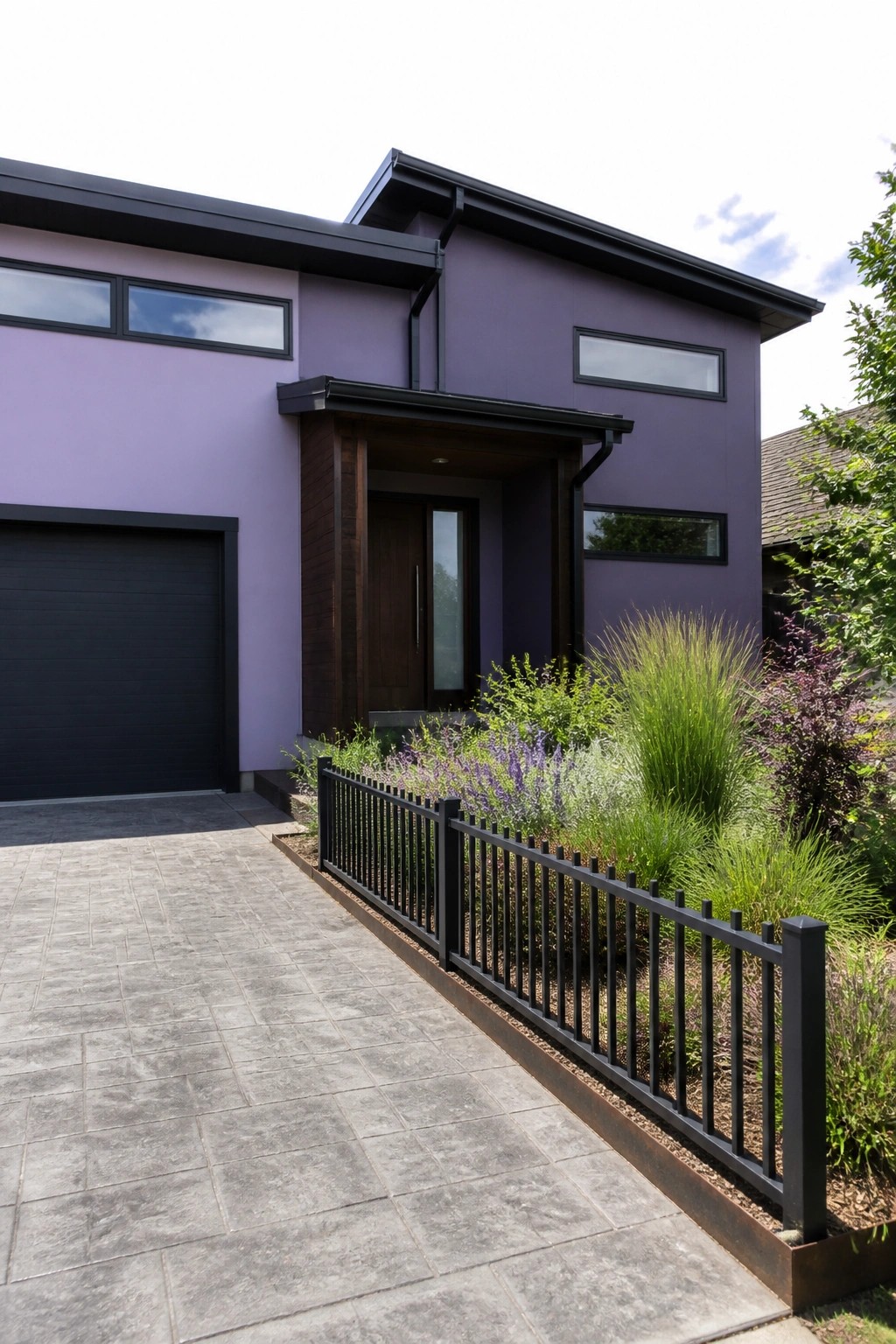 A modern two-story house with smooth purple siding, black-framed windows, a dark garage door, and a wooden entry porch.