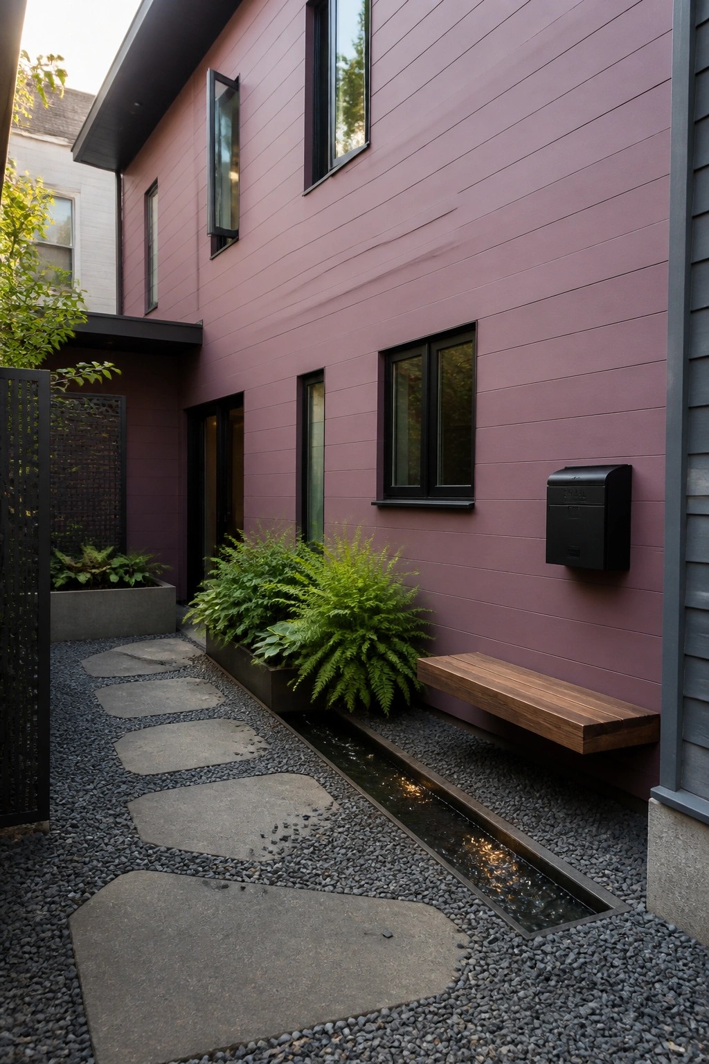 A side view of a modern house with smooth purple siding, black-framed windows, a gravel path with large stepping stones, a narrow water channel, and a wooden bench mounted on the wall.