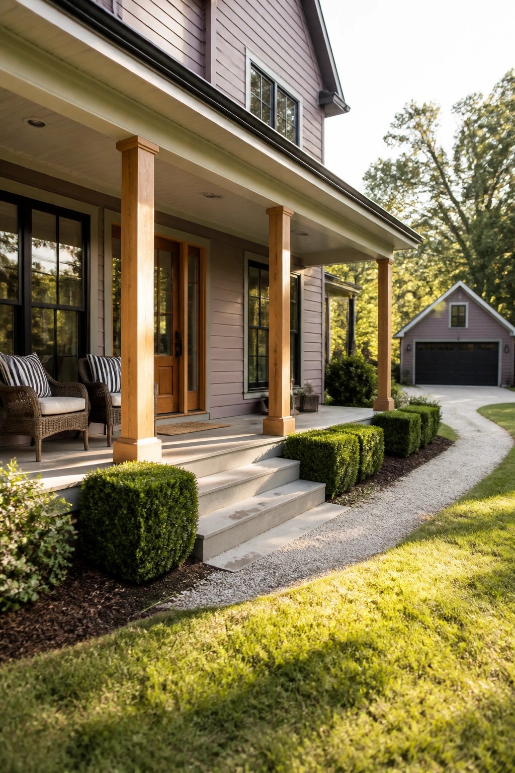 A lavender purple house with smooth siding, black window frames, a wooden porch with columns, and concrete steps.