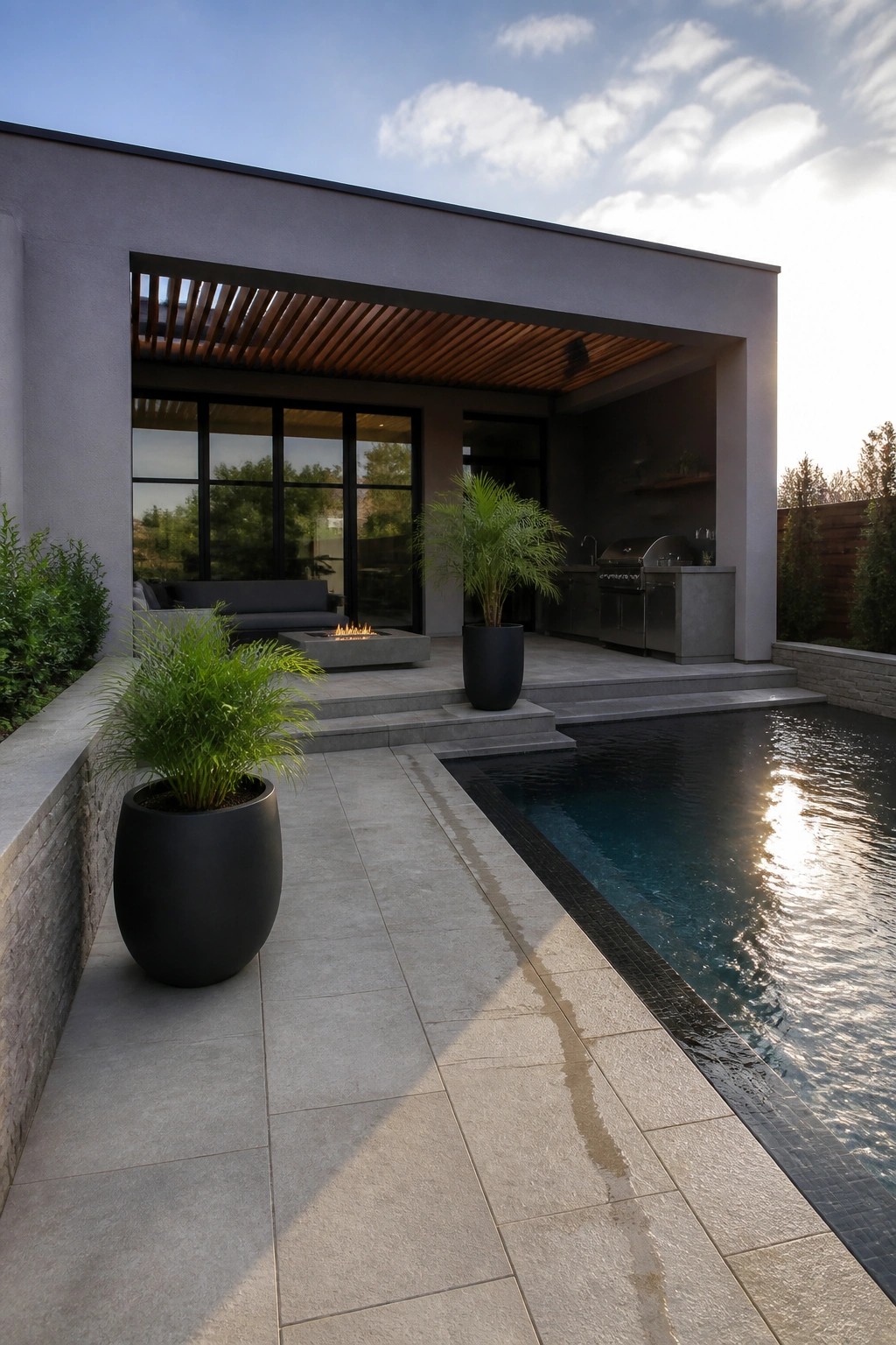 Modern concrete patio beside a pool with raised seating area, fire pit, covered outdoor kitchen, and large black planters.