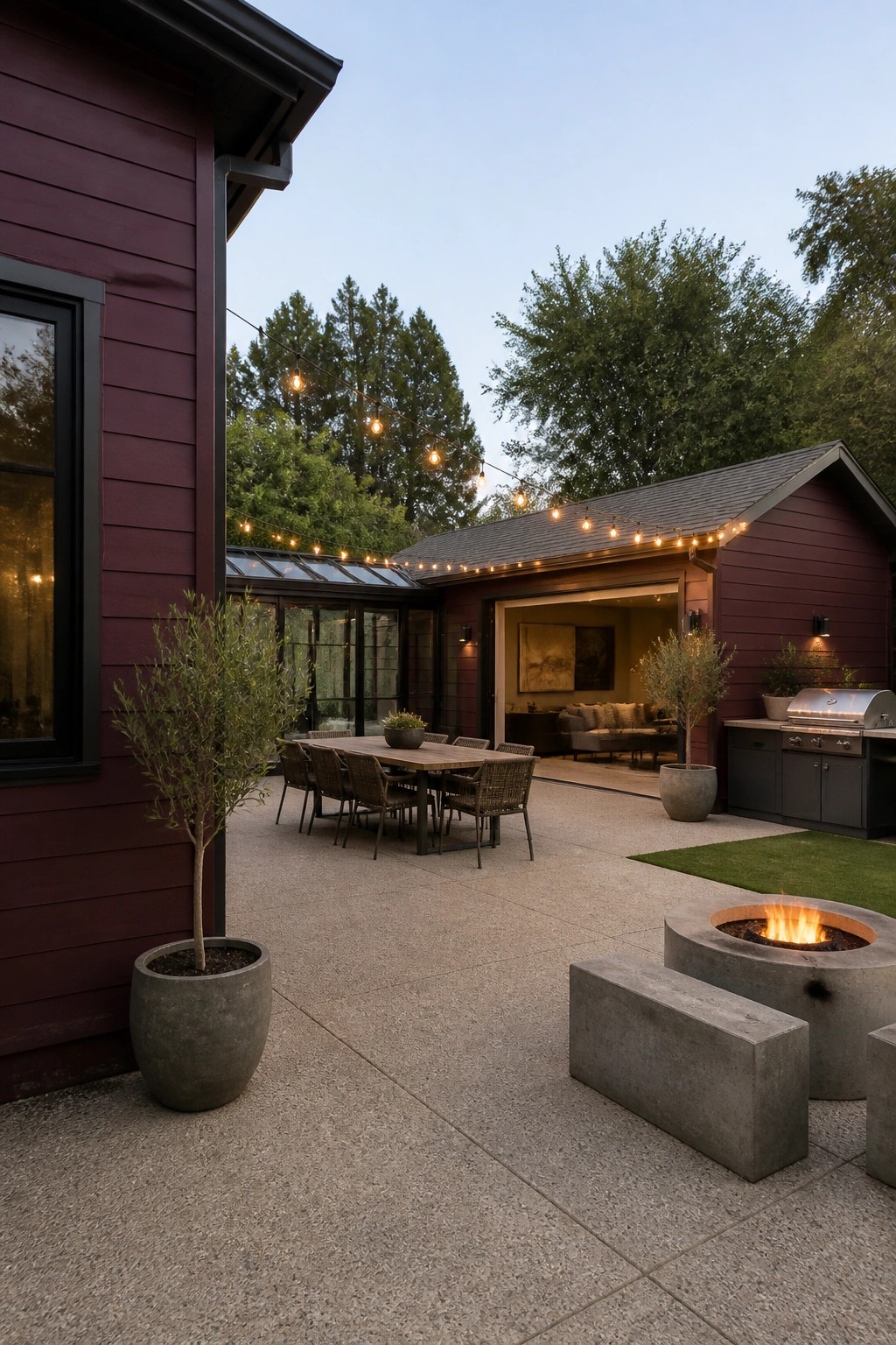 A concrete patio beside a house with burgundy horizontal siding, showing a round fire pit, a long dining table with woven chairs, and an outdoor kitchen area.