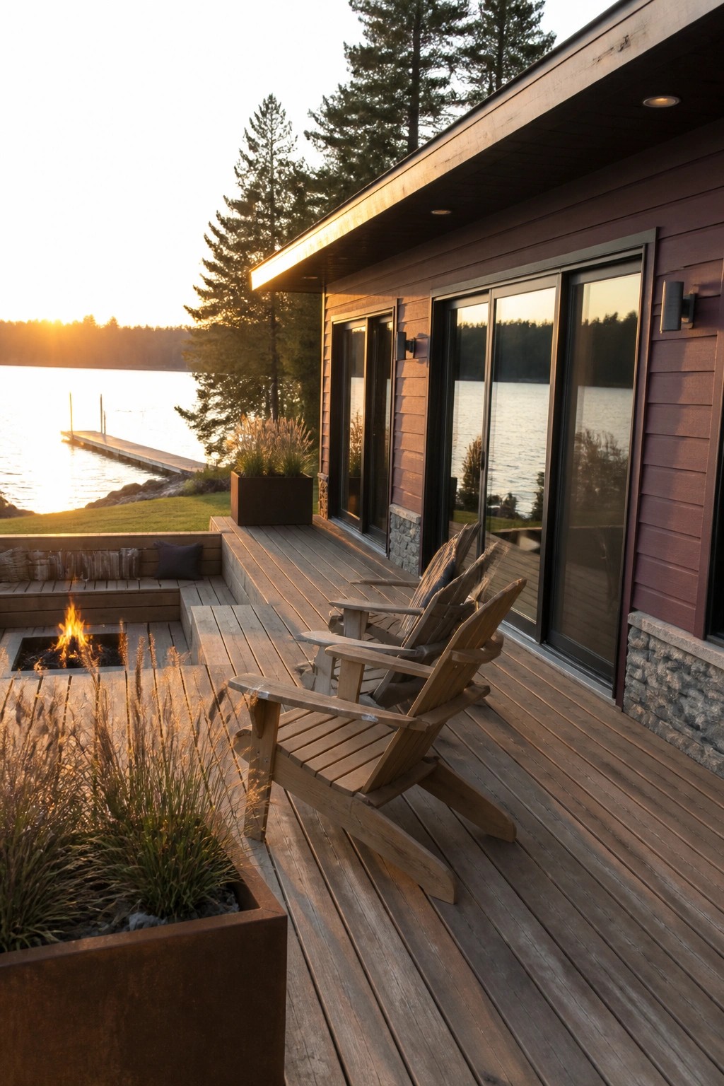 A wooden deck with Adirondack chairs sits in front of a house with burgundy horizontal lap siding, next to a fire pit and overlooking a lake at sunset.