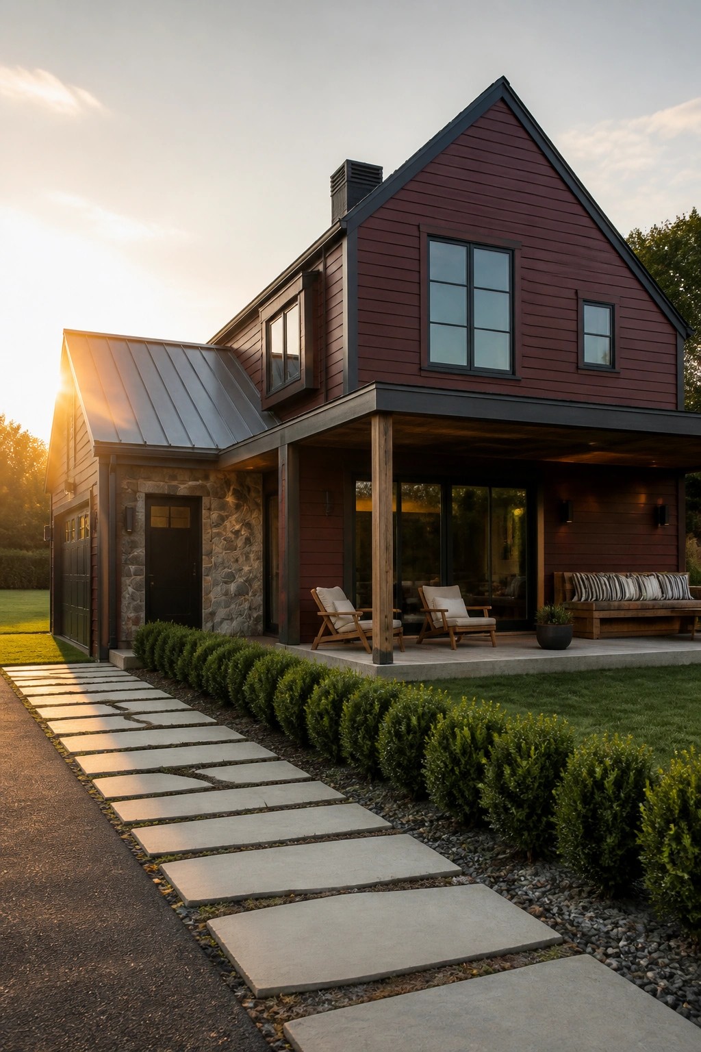 A two-story house with deep burgundy horizontal lap siding, dark trim, a stone base on the left, and a covered porch overlooking a stone pathway.