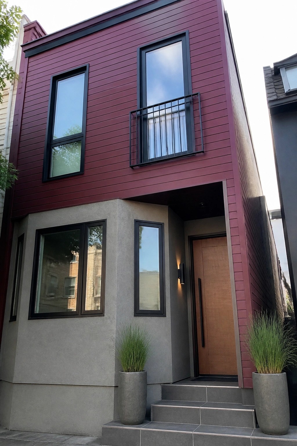 Modern maroon townhouse with black-framed windows, balcony, wooden door, and potted plants.
