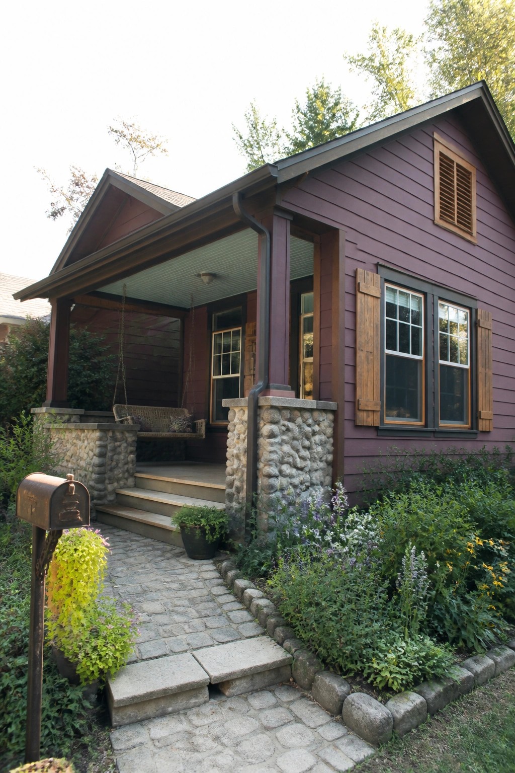 A house exterior with deep burgundy horizontal lap siding, stone porch columns, wooden shutters, and a cobblestone path leading to the front steps.